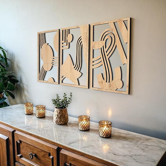 qmmp Modern Wooden Wall Sculptures - Set of 3 - Home Decor Accent - Large Wall Art for Living Room, Bedroom, Office - Easy Installation (Oak, Medium - Abstract Shapes)