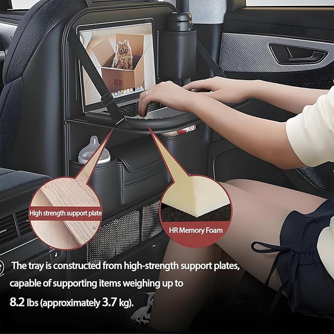 FASTAGEI Universal Foldable Car Backseat Organizer with Table Tray, Car Seat Back Protector with Touch Screen Phone Holder, Premium Leather Kick Mats with Storage Pockets Tissue Holder (Black)