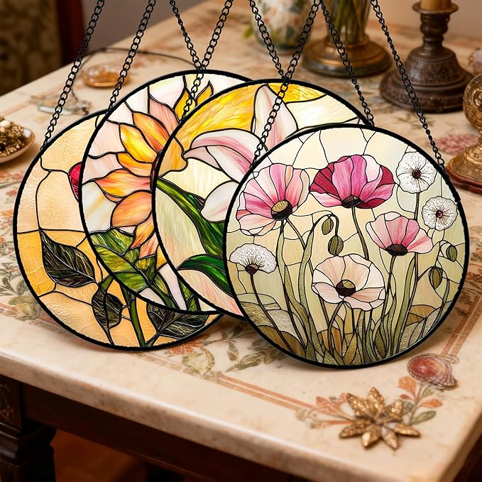 Stained Glass Window Hanging 4 Pcs Set Lily Rose Sunflower Poppy Large 11.8" - Flower Suncatcher Door Garden Sun Catcher Decor Birthday Mother's Day for Wife Woman Nana Girl