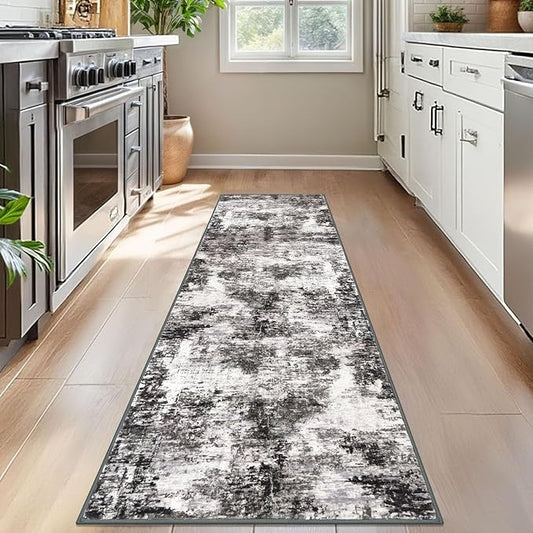 Modern Abstract Runner Rug for Bedroom 2x7, Black Grey Washable Kitchen Runner, Non-Slip Soft Thin Faux Wool Mat for Entryway, Hallway, Laundry Room Indoor