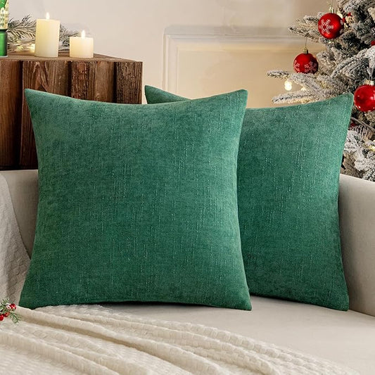 MIULEE Pack of 2 Christmas Decorative Throw Pillow Covers Soft Chenille Throw Pillows Solid Textured Cushion Covers for Couch Sofa Bedroom Living Room 18x18 Inch, Dark Green