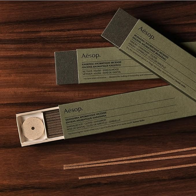 Aesop Kagerou Aromatique Incense | Earthy & Smoky Vetiver Scent | Includes Kanuma Pumice Holder | 30-Minute Burn Time | Green, Herbaceous, Woody Aroma | 33 Sticks