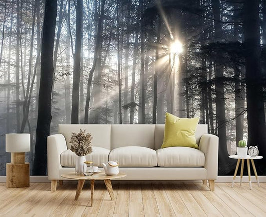 Misty Forest Mysterious Sunrise Mural, Forest Wallpaper Decorative Painting for Living Room, Bedroom, Dining Room Decoration（Non-self-Adhesive）