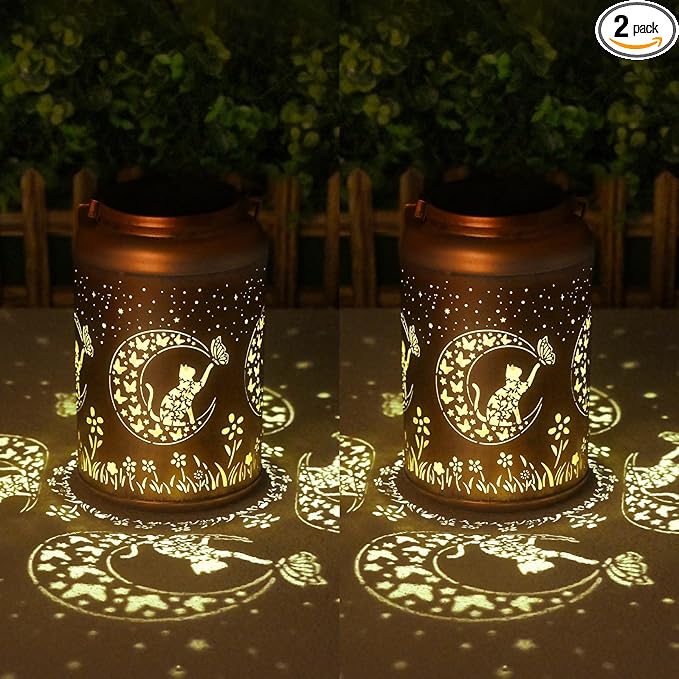 Christmas Decorations Gifts for Women Men Mom, 2 Pack Cat Solar Lights Outdoor Waterproof, Mothers Day Gifts Decoration Outside for Outdoor, Yard, Lawn, Balcony Garden Decor Solar Lantern