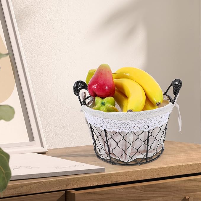 Wire Storage Basket with Handle and Fabric Liner Rustic Metal Bread and Fruit Basket for Kitchen Pantry Organization for Serving and Storage