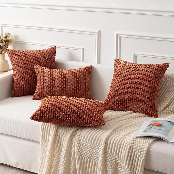 Kevin Textile 2 Packs Fall Boho Decorative Throw Pillow Covers 18x18 Inch for Living Room Couch Bed Sofa Rustic Modern Farmhouse Home Decor Soft Corduroy Square Cushion Case, Rust