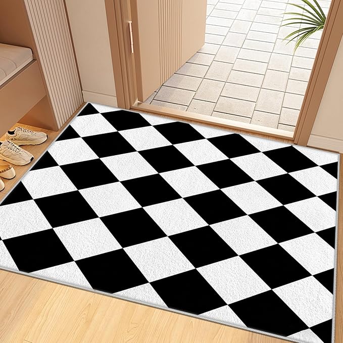 Checkered Rug, Black White Rug, Washable Rugs 4x6, Geometric Rhombus Plaid Area Rugs, Grid Gingham Carpet for Living Room Non Slip Home Decor