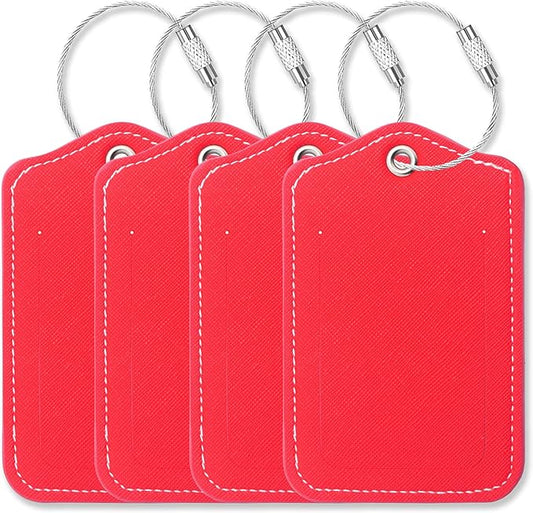 Luggage Tags for Suitcases-Leather Luggage Tag 4 Pack with Loops Cute Bag/Backpack/Suitcase Tags Travel Essentials for Flying (Red)
