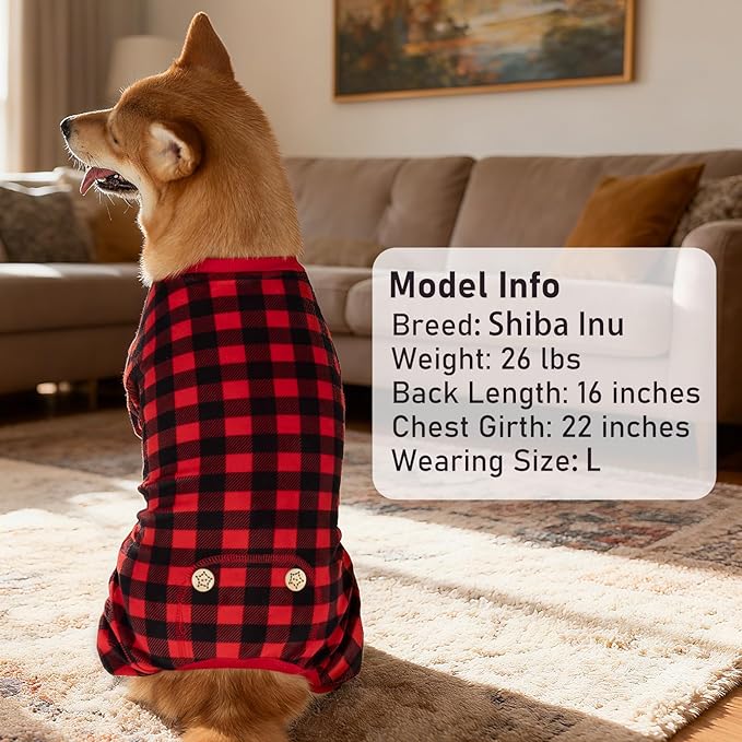 KYEESE Dog Pajamas Red Buffalo Check Puppy Pjs Comfy Doggie Costume Velvet 4 Legs Pet Jammies Stretchy Dogs Clothes Warm Pet Pjs Soft Dog Pajamas for Small Dogs,S