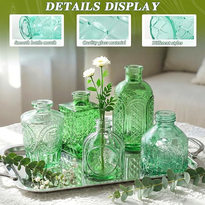 Set of 30 Green Colored Glass Bud Vases - Small Textured Flower Vases for Centerpieces, Wedding Table Decor, Retro Home Decor Bulk Vase Set for DIY, Events & Gifts