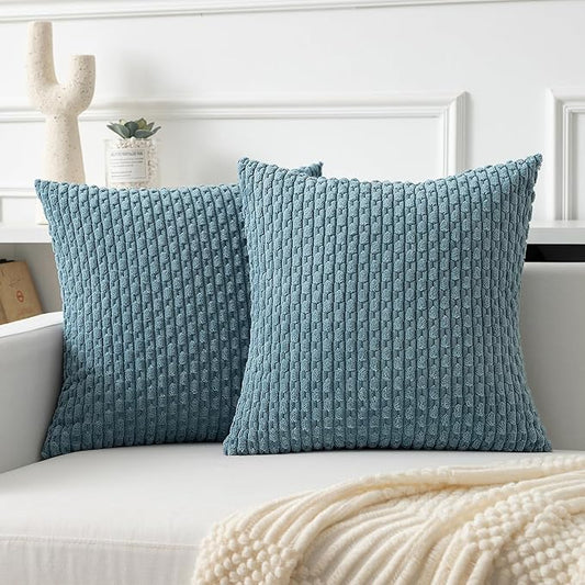 Kevin Textile Throw Pillow Covers Soft Corduroy Decorative Set of 2 Boho Striped Pillow Covers Pillowcases Farmhouse Home Decor for Couch Bed Sofa Living Room 24x24 Inch Blue Grey