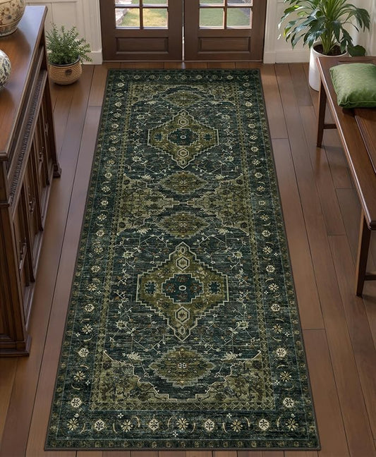 Tangsoo 2x5 Washable Runner Rug for Hallways, Non Slip Vintage Runner Rug, Soft Low Pile Long Rug Runner, Print Distressed Carpet Runners for Kitchen Bedroom Entryway Bathroom Living Room Olive Green