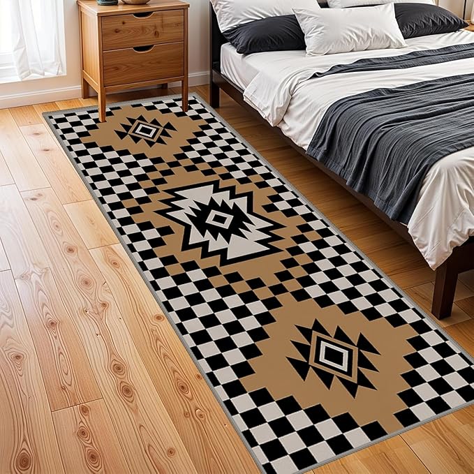 Western Aztec Long Hallway Rug Runners, 3.3x7ft, Modern Brown Diamond Check Area Carpet for Living Room, Easy Clean Fade Resistant Durable Foldable Pet Friendly Rugs for Front Door