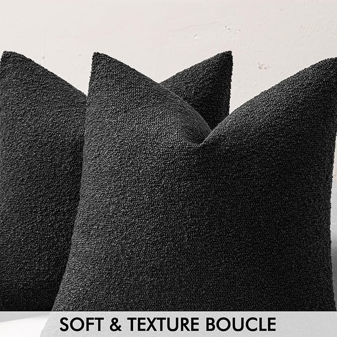 MIULEE 20x20 Inch Decorative Pillow Covers for Couch Bed Set of 2 Textured Boucle Neutral Winter Throw Pillows Halloween Black Accent Solid Cushion Pillowcases Sofa Livingroom Home Decor