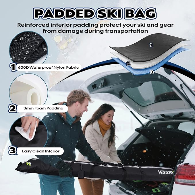 Hikeen Ski Bag for Air Travel,Full Padded Ski Bag Protection, Waterproof Reinforced Ski Travel Bag Fits for Skis Up to 215 CM, Perfect for Skiing, Storage and Transport