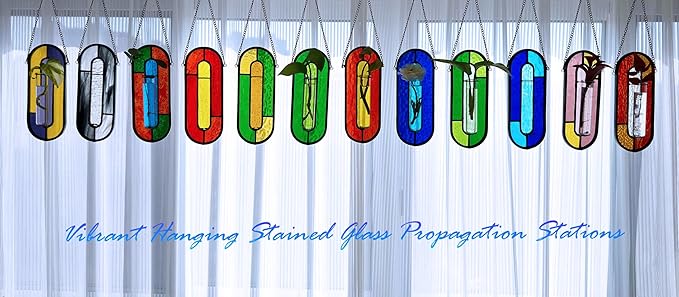LITMIND Stained Glass Propagation Station - Handcrafted Translucent Suncatcher Planter with 2 Tubes, Hanging Hydroponic Décor for Windows & Garden