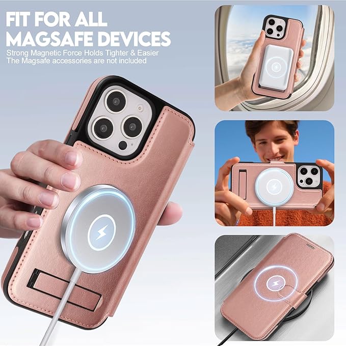 CIVICASE for iPhone 16 Pro Max Wallet Case with Stand,PU Leather Flip Credit Card Holder Slots (RFID Blocking),Compatible with Magsafe Magnetic Holder Phone Cover Women Men,Rose Gold