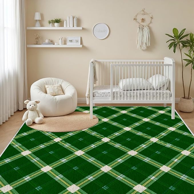 Plaid Rug - 6x8 Rug for Living Room, Geometric Stripes Soft Neutral Indoor Floor Carpet, Non-Slip Stain Resistant Modern Washable Rugs for Bedroom, Green Area Rugs