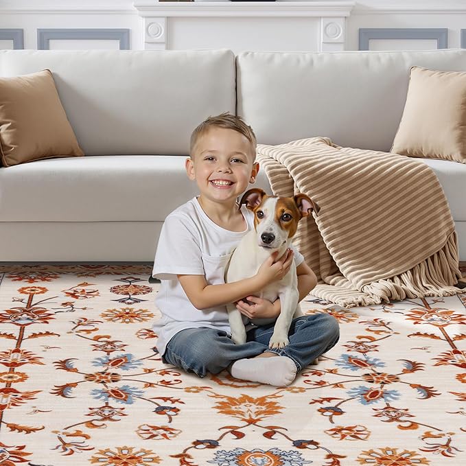 Tangsoo Washable Runner Rug for Hallway Non Slip, 2x5 Boho Floral Vintage Carpet Runner Rugs for Entryway, Floor Low Pile Runners for Kitchen Bathroom Laundry Bedroom Alfombra Orange Farmhouse