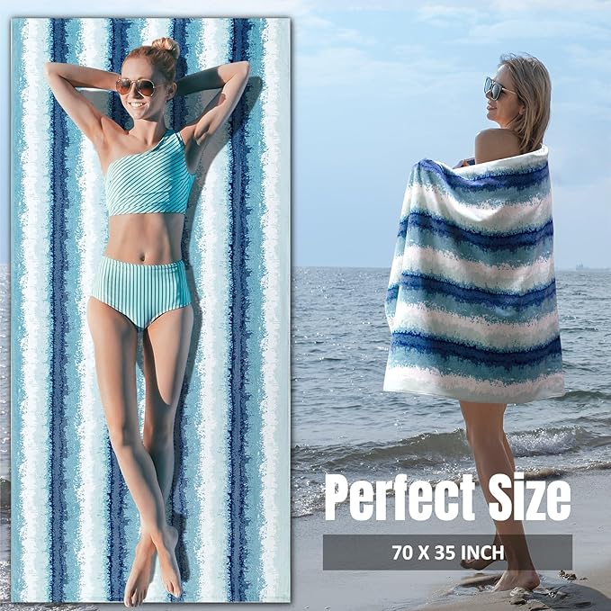 cabanana Large Beach Towel Oversized - Cotton Velour 35 x 70 Inch Coast Waves Camo Striped Terry Pool Towel, Cabana Soft Swimming Towel for Adults Women Men (Teal Blue)