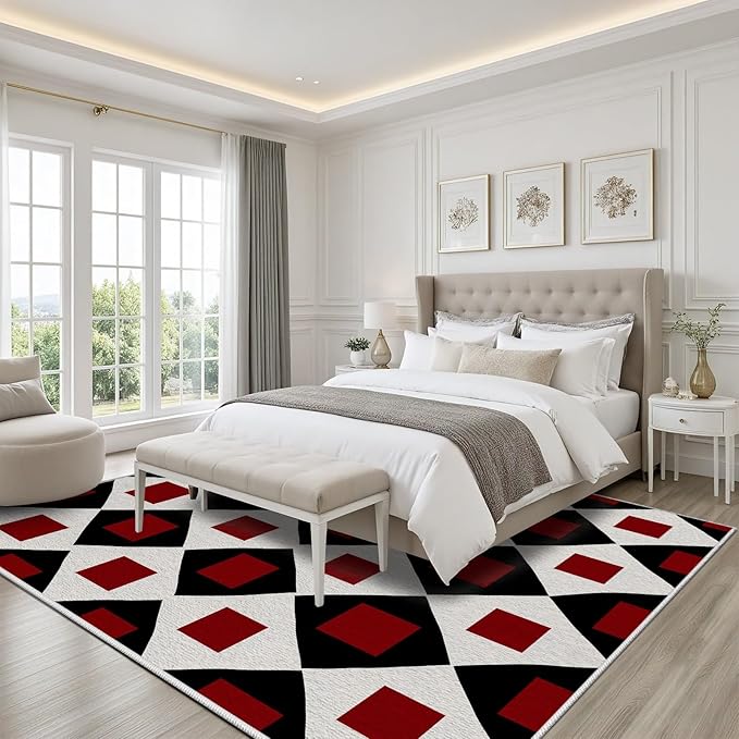 Plaid Rug 8x10, Vintage Geometric Soft Ultra Soft Faux Wool Low Pile Rug, Indoor Floor Mats Carpet, Non-Slip Stain Resistant Washable Rugs, Modern Red Rugs for Living Room Home Office Decor