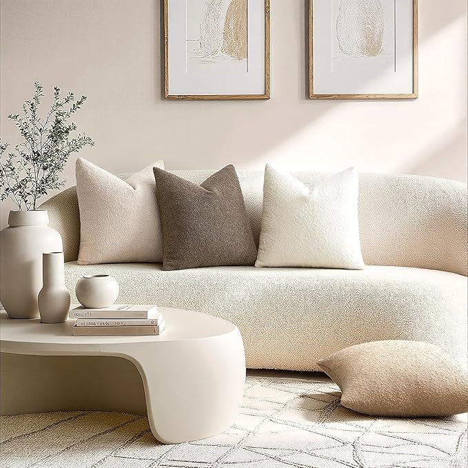 ANRODUO Pack of 2 Textured Boucle Throw Pillow Covers Soft White Decorative Accent Solid Pillow Cases Cozy Modern Couch Cushion Case for Chair Sofa Bedroom Living Room Spring Home Decor, 18 x 18 Inch