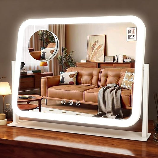 HNV 17"x13" Hollywood Vanity Mirror with Lights, Rounded Makeup Mirror with 10X Magnification, 3 Color Dimmable LED, Smart Touch Control & 360° Rotation, Shatter-Resistant Tabletop Desk Mirror (White)
