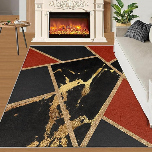 Black Gold Marble Area Rug Modern Abstract Marble Rug Polygonal Geometric Patchwork Carpet 3D Light Luxury Geometric Line Carpet for Living Room Playroom 4x5ft
