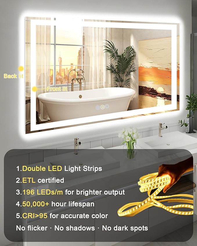 60"x 36" LED Bathroom Mirror with Lights, Front and Backlit Large LED Vanity Mirror, Controlled Separately Wall LED Smart Mirror with 3 Colors, Anti-Fog, Stepless Dimmable, Memory(ETL)