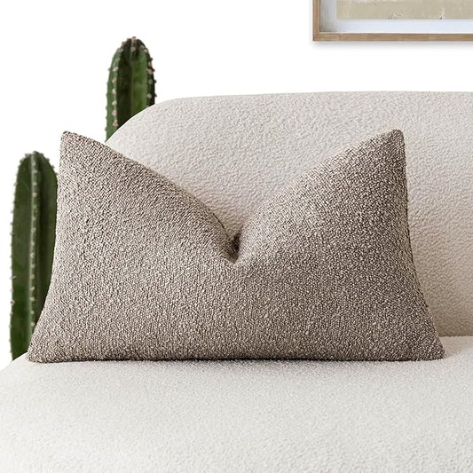 Foindtower Decorative Textured Boucle Throw Pillow Covers Accent Solid Lumbar Pillow Cases Neutral Soft Cozy Couch Cushion Case for Chair Sofa Bedroom Living Room Home Decor 12x20 Inch,1PC,Light Taupe
