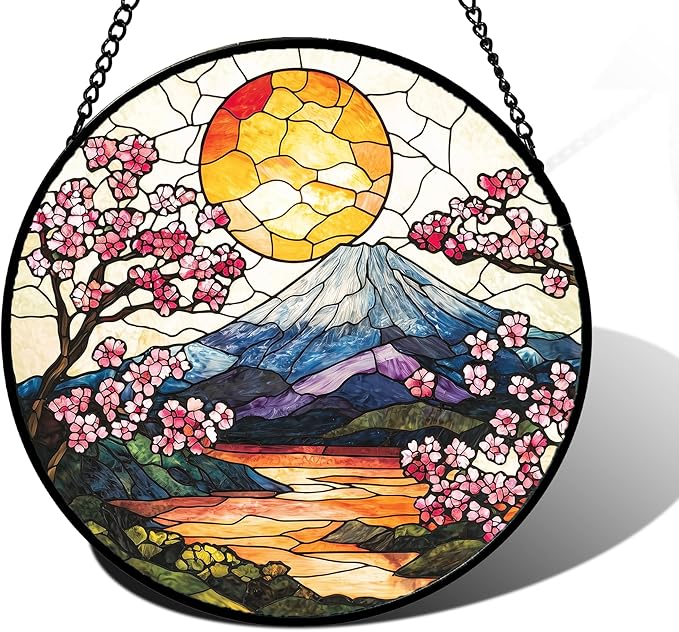 Stained Glass Window Hanging, Sun Blooming Cherry Blossoms Suncatcher Diamond Glass Panel Sun Catchers Decor for Birthday for Women, Men, Wife, Aunt, and Mom 11.8x11.8 in