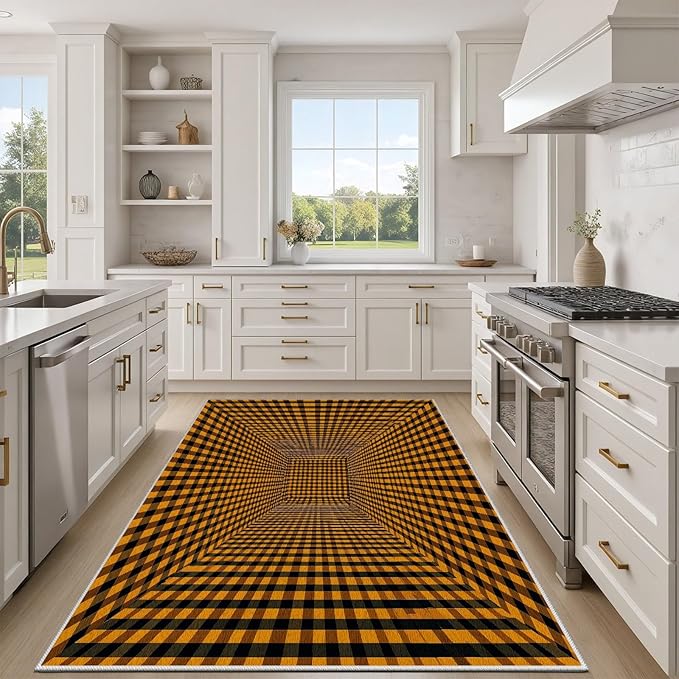 3D Rugs Optical Illusion - Plaid Rug 3x4, Geometric Stripes Soft Neutral Indoor Floor Mats Carpet, Non-Slip Stain Resistant Modern Orange Rug for Bedroom, Living Room Rugs