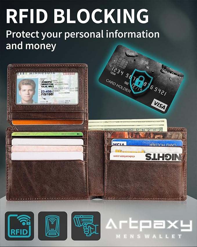 Artpaxy Mens Wallet Bifold Genuine Leather RFID Blocking Wallet for Men with 2 ID Windows 12 Card Holders 2 cash pockets 1 Gift Box
