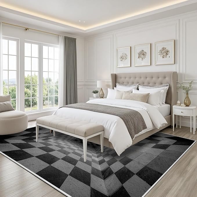 3D Rug 3x5, Plaid Soft Ultra Soft Faux Wool Low Pile Optical Illusion Rug, Indoor Floor Mats Abstract Geometric Carpet, Non-Slip Stain Resistant Washable Rugs, Modern Gray Rugs for Living Room