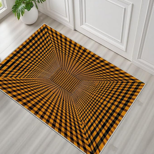 3D Rugs Optical Illusion - Plaid Rug 2x3, Geometric Stripes Soft Neutral Indoor Floor Mats Carpet, Non-Slip Stain Resistant Modern Orange Rug for Bedroom, Living Room Rugs