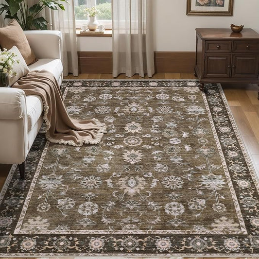 Tangsoo 3x5 Brown Washable Rug, Vintage Throw Entryway Rugs Non Slip, Soft Low Pile Floor Rug Floral Indoor Area Rugs Carpet for Living Room Bedroom Office Laundry Bedside Entry Entryway Farmhouse