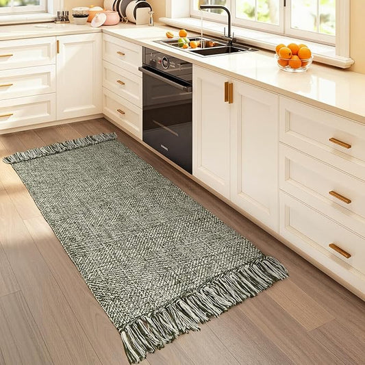 Collive Washable Kitchen Runner Rug, Modern Farmhouse Hand Woven Entryway Rugs Non Slip, Cotton Reversible Bathroom Carpet for Bedroom Hallway Foyer Back Door Decor, 2 x 4.3 ft Olive Green/Cream