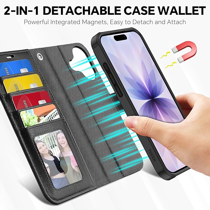 TUCCH Detachable Case Wallet for iPhone 17 (6.3") 2025, Removable Wrist Strap, Wireless Charging, Stand, 4 Card Slots RFID Blocking, 2-in-1 Magnetic, PU Leather, Shockproof Folio Cover, Textured Black