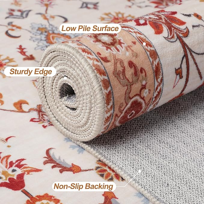 Tangsoo Washable Runner Rug for Hallway Non Slip, 2x5 Boho Floral Vintage Carpet Runner Rugs for Entryway, Floor Low Pile Runners for Kitchen Bathroom Laundry Bedroom Alfombra Orange Farmhouse