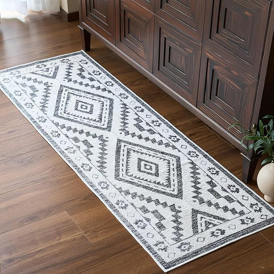 Moroccan Washable Runner Rug 2x6, Geometric Woven Area Rug, Farmhouse Boho Accent Rug Runner for Hallway, Non-Slip Soft Throw Mat for Bedroom Laundry Entryway, Black and White