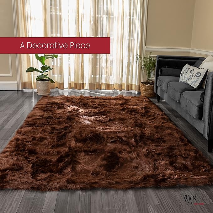 Silky Soft Faux Fur Rug, 8 ft. x 10 ft. Brown Fluffy Rug, Sheepskin Area Rug, Rectangle Rug for Living Room, Bedroom, Kid's Room, or Nursery, Home Décor Accent, Machine Washable with Non-Slip Backing