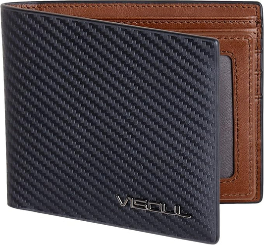 VISOUL Leather Mens Bifold RFID Blocking Wallet with 2 ID Windows, Leather Wallet for Men (Carbon Fiber, Black+Brown)