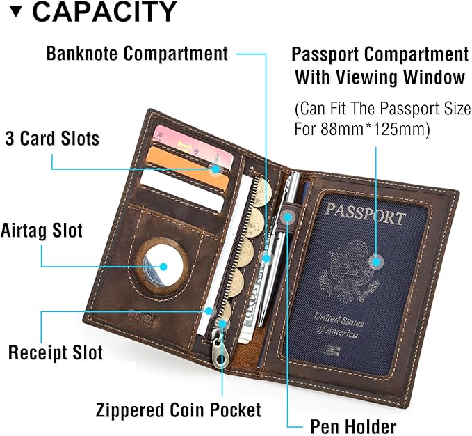 Top Grain Leather Single Travel Passport Wallet Embossing Badge for Unisex, Folio Design for Passport & Multi Cards, RFID Blocking for Passport/Cards/Checks/Bills/AirTag, Coffee Default, DE
