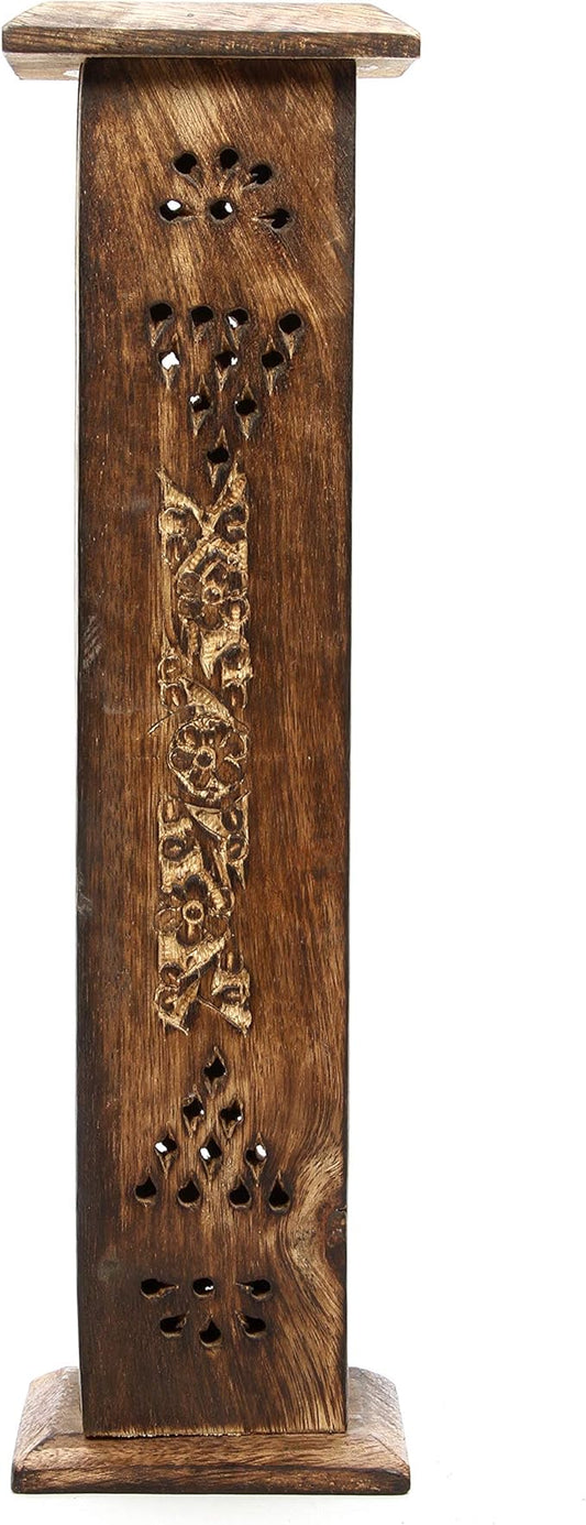 Hosley Hand-Carved Wooden Incense Stick Holder Tower – Tall Decorative Burner Box with Hinged Door for Aromatherapy, Meditation, Yoga, Home & Office Décor (Includes 20 Incense Sticks)