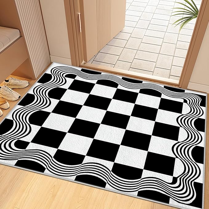 Checkered Area Rug, Checkerboard Rug, Geometric Plaid Washable Rugs 2x3, Modern Checkered Area Rugs, Wavy Line Carpet Non Slip for Bedroom Retro Home Decor Door Mat