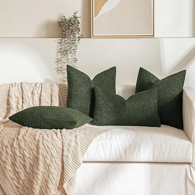 MIULEE 12x20 Inch Christmas Decorative Lumbar Throw Pillows for Bed Set of 2 Textured Boucle Neutral Winter Throw Pillow Covers Dark Green Accent Solid Pillowcases Sofa Livingroom Home Decor
