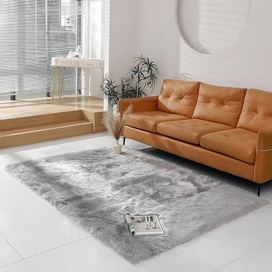 Faux Fur Rug Sheepskin Grey Shag Fluffy Fuzzy 5x7 ft Rugs for Bedroom Bedside Bed Floor Living Room Plush Rectangle High-Density Cushion Carpet Super Sofa Cover