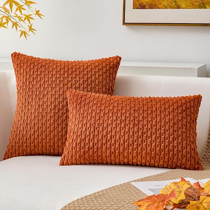 Kevin Textile 2 Packs Fall Boho Decorative Throw Pillow Covers 18x18 Inch for Living Room Couch Bed Sofa Rustic Modern Farmhouse Home Decor Soft Corduroy Square Cushion Case, Rust