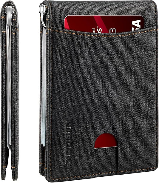 RUNBOX Slim Wallet for Men Genuine Leather RFID Blocking Bifold Minimalist Front Pocket Mens Wallet with Money Clip Thin Gift Box