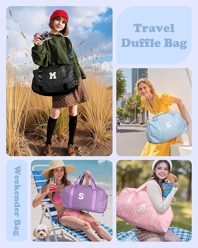 Elilier Initial Duffle Bag for Travel Women Girls Gift: Personalized Weekender bags, Dance Cheer bag Sports for Girl, Kid Gymnastics Bags, Birthday Gifts for Women Girls Kids Teens Mom Teacher